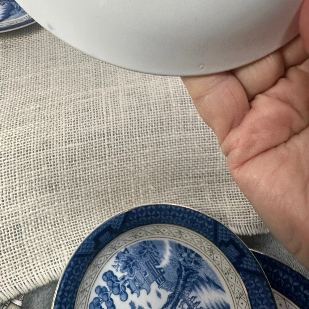 Vintage Occupied Japan Ironstone Blue Willow China Lot 5 Mixed Pieces Gold Trim